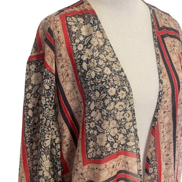Maurices Floral Kimono Cardigan Womens Small/Medium Navy Red & Tan Kaftan - Picture 2 of 7